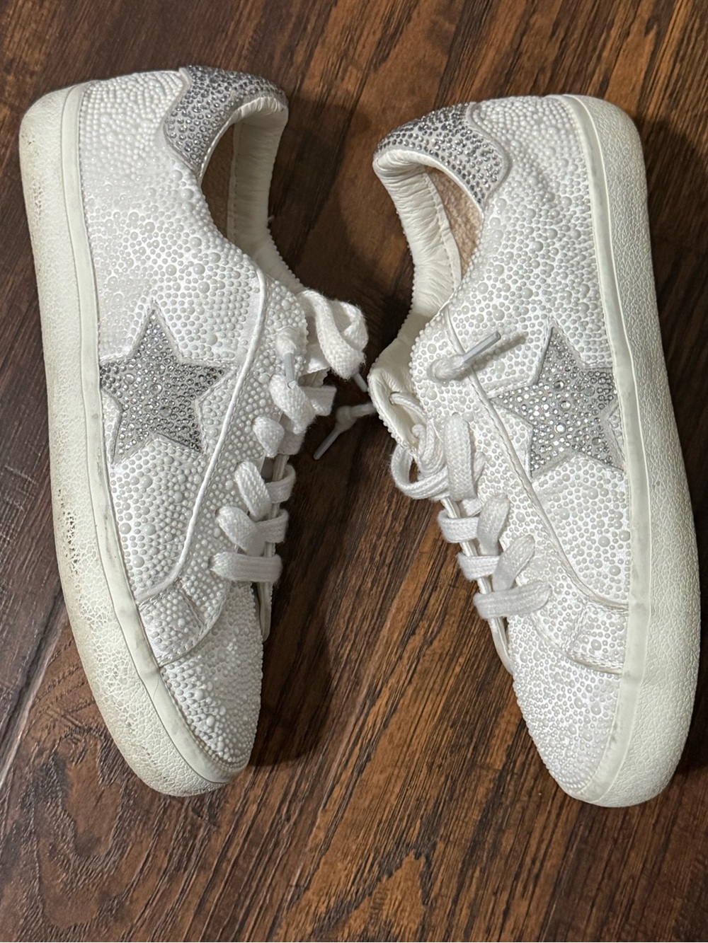 Women's White Rhinestone Star Lace-Up Sneakers